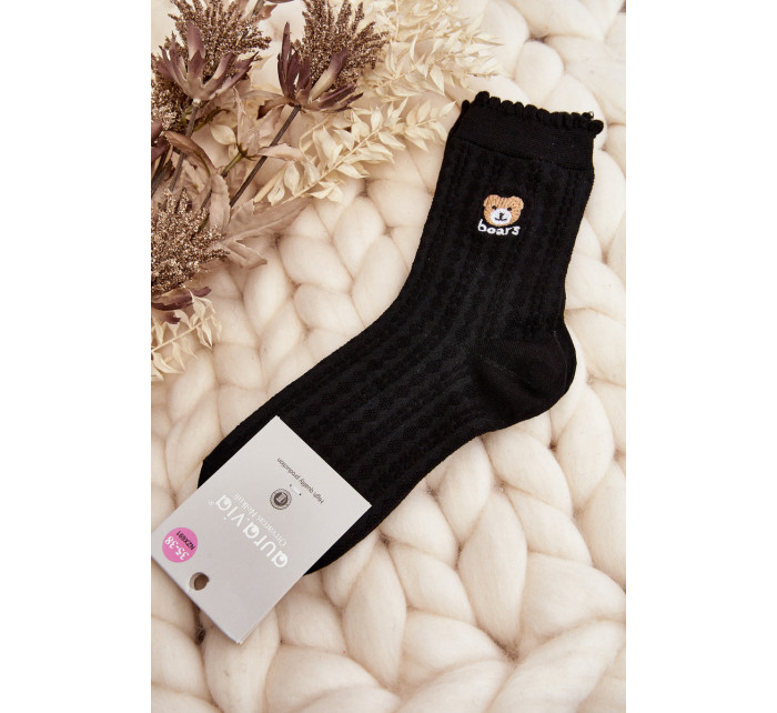 Vzorované dámske ponožky s medvedíkom, čierne