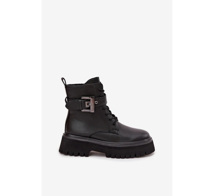 Skórzane Botki Workery Damskie Ocieplane Z Ozdobną Klamrą D&A MK52-032 Czarne Skórzane Botki Workery Damskie Ocieplane Z Ozdobną Klamrą D&A MK52-032 Czarne