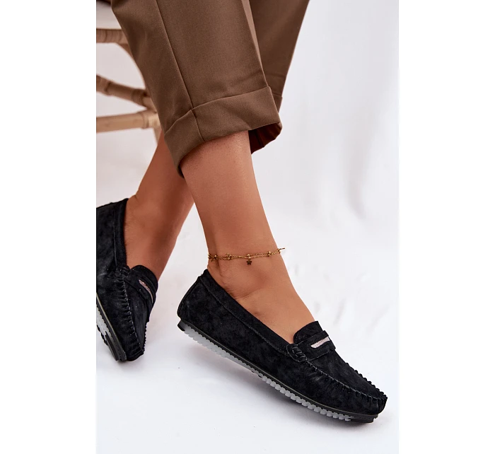 Dámské ploché mokasíny z přírodního semiše model 22101305 Černé - S.Barski