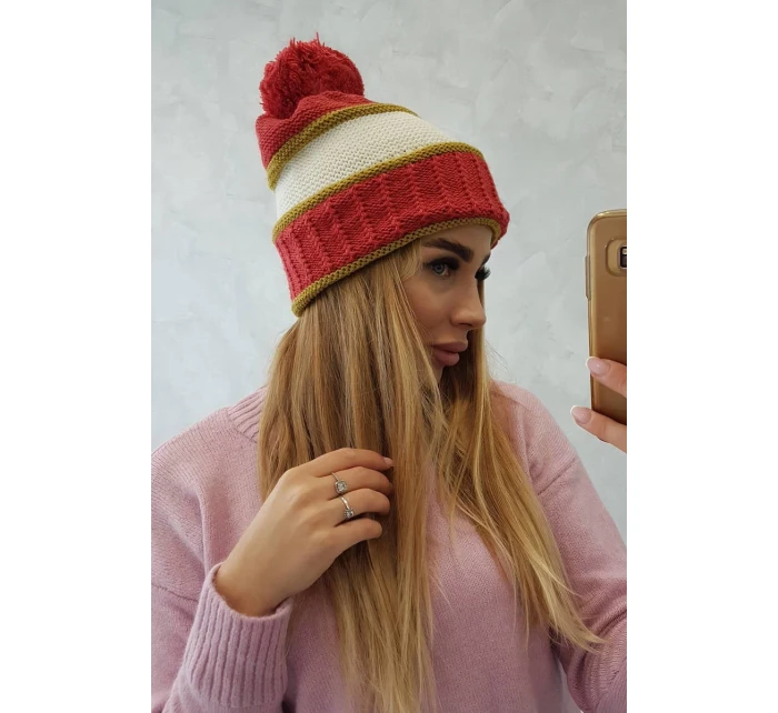Dámska čiapka Kinga K297 červená+svetlá khaki+ecru Dámska čiapka Kinga K297 červená+svetlá khaki+ecru