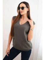 Dámský viskózový svetr bez rukávů s kapsami a výstřihem do V khaki