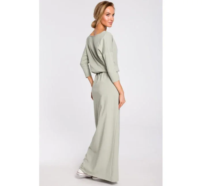 model 18002083 Maxi bavlněné šaty s páskem na zavazování pistáciová barva - Moe