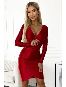 477-2 Saténové šaty s obálkovým výstrihom a dlhými rukávmi - ČERVENÉ