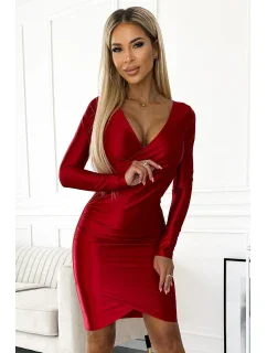 477-2 Saténové šaty s obálkovým výstrihom a dlhými rukávmi - ČERVENÉ
