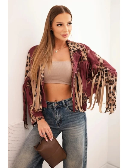 Dámska semišová bunda so strapcami s leopardím vzorom vo vínovej farbe