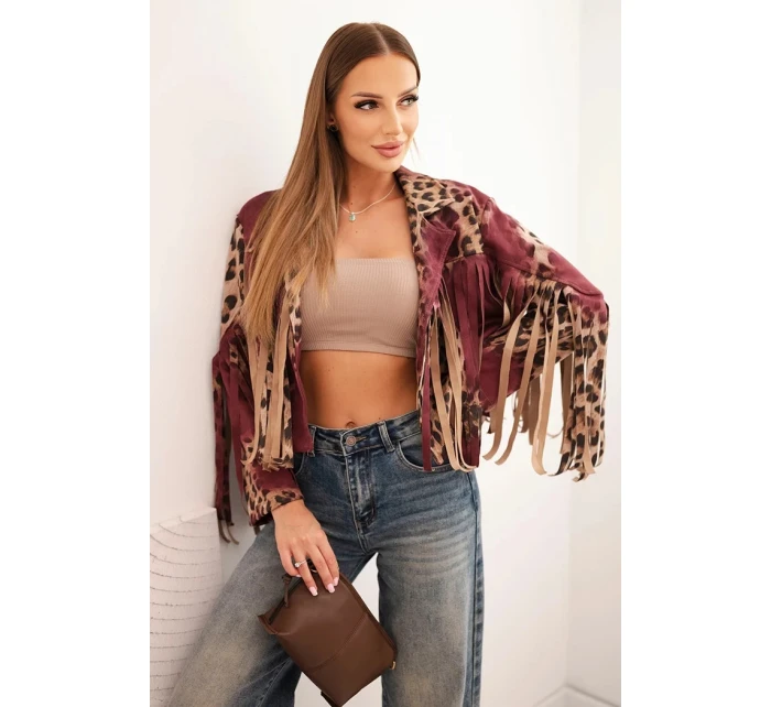 Dámska semišová bunda so strapcami s leopardím vzorom vo vínovej farbe