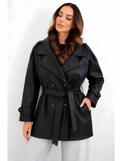 Dámský kabát z ekokůže model 22251656 v pase černý - K-Fashion