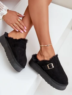Dámske papuče s hrubou podrážkou, kožušinou a prackou čierne Linneola