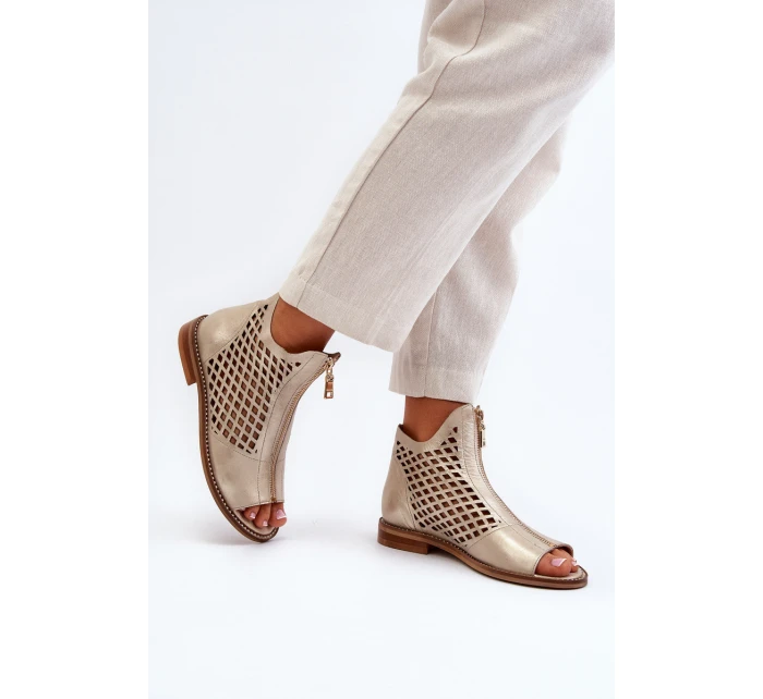 Zazoo 977/L Skórzane Ażurowe Sandały Na Zamek Złote