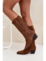 Zamszowe Kozaki Kowbojki Damskie Na Obcasie Camel Karira