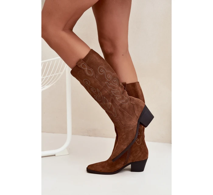 Zamszowe Kozaki Kowbojki Damskie Na Obcasie Camel Karira