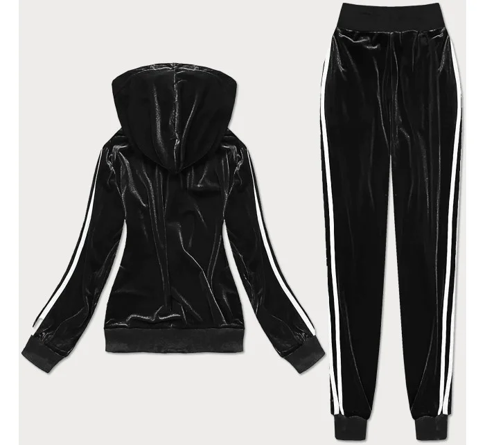 Čierny velúrový teplákový komplet s lampasmi (YP-9964)