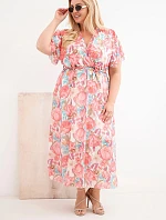 Plus veľkosť dámske kvetinové šaty s kravatou ružová