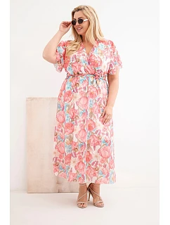 Plus veľkosť dámske kvetinové šaty s kravatou ružová
