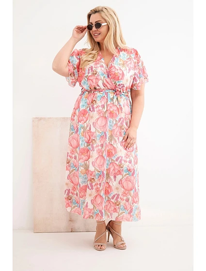 Plus veľkosť dámske kvetinové šaty s kravatou ružová