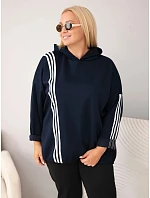 Dámska mikina Plus Size z viskózy s kapucňou a ozdobnými pásikmi, modrá