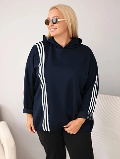 Dámska mikina Plus Size z viskózy s kapucňou a ozdobnými pásikmi, modrá