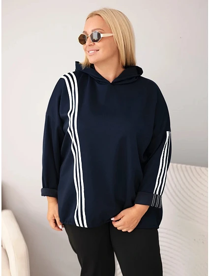 Dámska mikina Plus Size z viskózy s kapucňou a ozdobnými pásikmi, modrá Dámska mikina Plus Size z viskózy s kapucňou a ozdobnými pásikmi, modrá