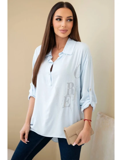 Dámska blúzka z viskózy s golierom a potlačou kryštálov modrá