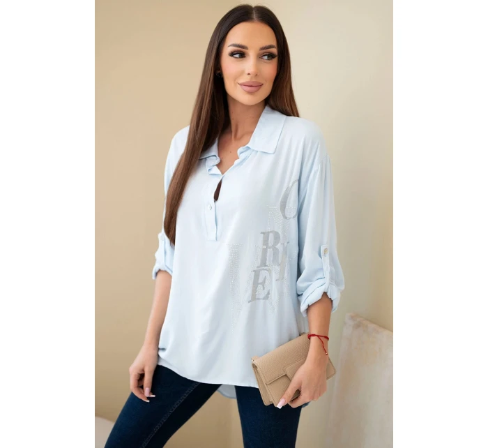 Dámska blúzka z viskózy s golierom a potlačou kryštálov modrá