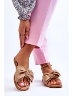 Damskie Skórzane Klapki Z Kokardą Beżowe Becky Damskie Skórzane Klapki Z Kokardą Beżowe Becky