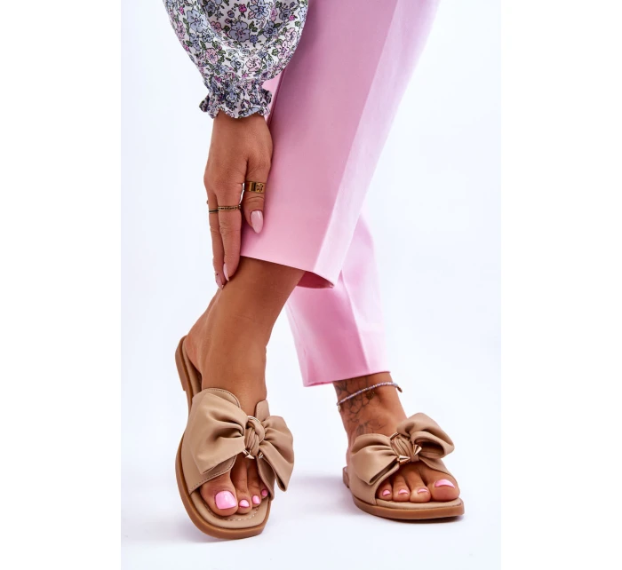 Damskie Skórzane Klapki Z Kokardą Beżowe Becky Damskie Skórzane Klapki Z Kokardą Beżowe Becky