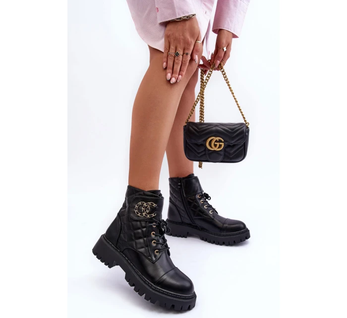 Workery Botki Damskie Z Ozdobą Czarne Toye Workery Botki Damskie Z Ozdobą Czarne Toye