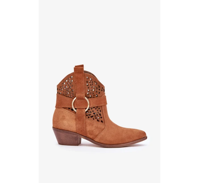 Semišové otvorené kovbojské topánky na podpätku Zazoo 2994 Camel