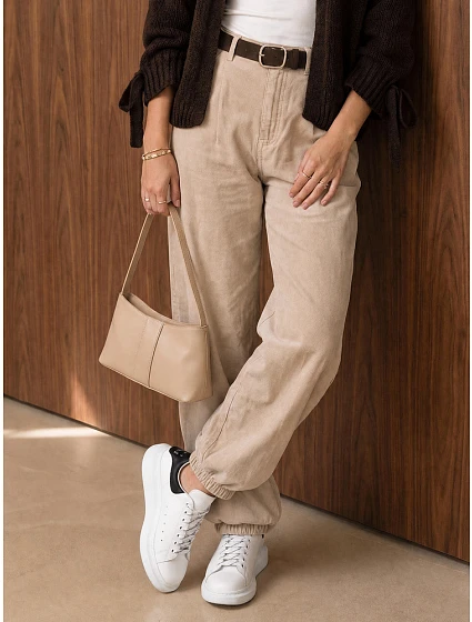Dámske joggerové nohavice z manšestru s opaskom, béžové, FashionStreet UY3138