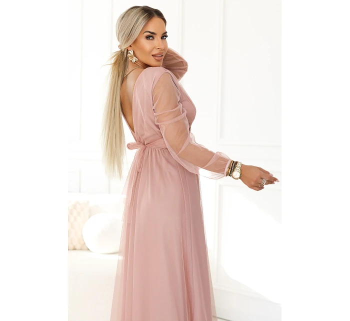 Dlouhé maxi šaty s rukávy a obálkovým výstřihem pudrově růžové model 22046066 - numoco basic