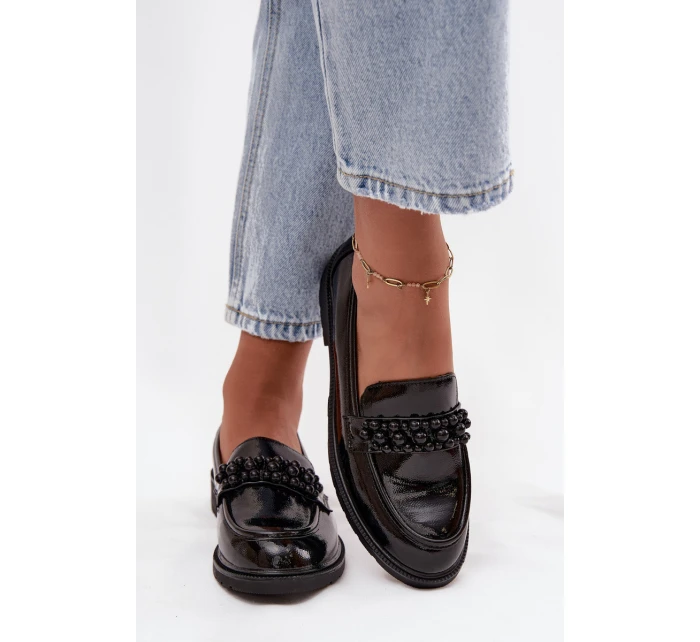 Mokasyny Damskie Lakierowane Z Koralikami S.Barski HY52-541 Czarne
