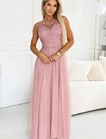 672-2 Romantické svadobné maxi šaty s vyšívanou čipkou a tylom - púdrovo ružové