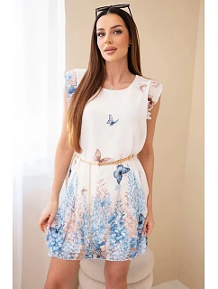 Dámské šaty s plisovaným rukávem a ozdobným páskem modrá