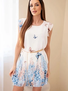 Dámske šaty s plisovanými rukávmi a ozdobným opaskom modré