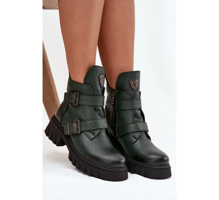 Skórzane Ocieplane Botki Damskie Z Klamrami I Ozdobnym Detalem Zazoo 60482 Ciemnozielone