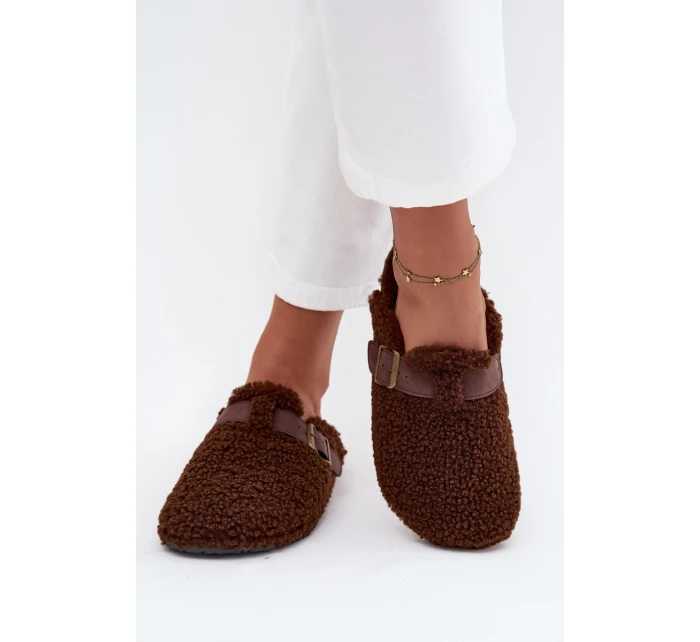 Klapki Damskie Z Futerkiem Typu Baranek Brązowe Lorivine