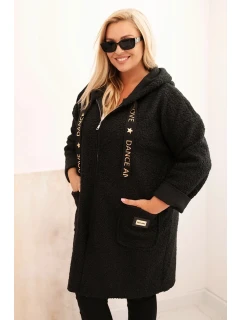 Dámske Plus veľkosť Faux Shearling kabát s kapucňou a vreckami čierna
