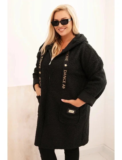 Dámske Plus veľkosť Faux Shearling kabát s kapucňou a vreckami čierna