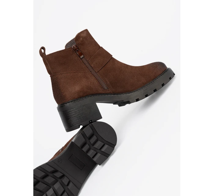 Designové  kotníčkové boty dámské hnědé na širokém podpatku