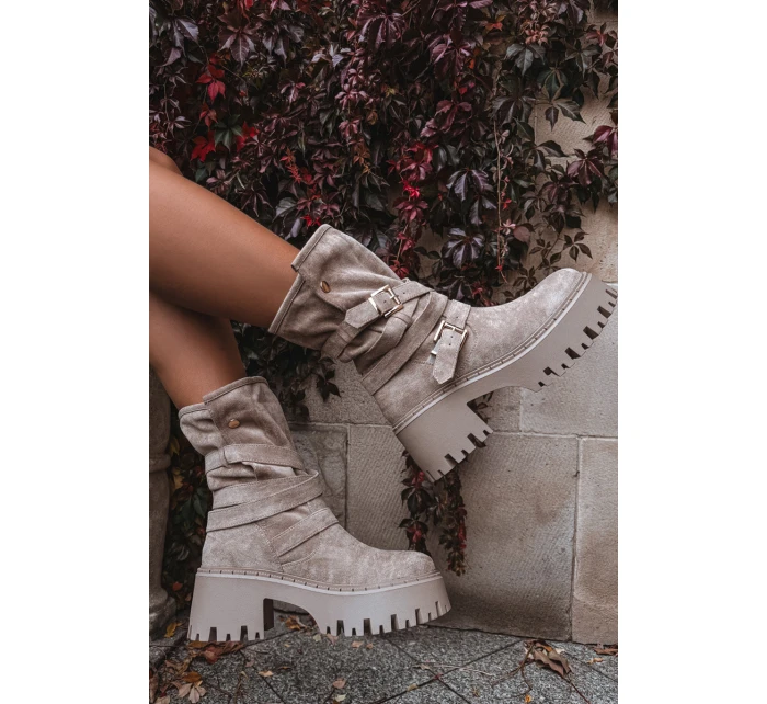 Botki Damskie Na Masywnym Obcasie Z Klamrami I Paskiem Beżowe Nerelisa Botki Damskie Na Masywnym Obcasie Z Klamrami I Paskiem Beżowe Nerelisa