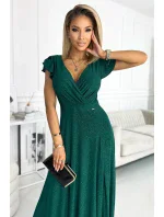 CRYSTAL Dlouhé lesklé dámské šaty v lahvově zelené barvě s výstřihem model 18025634 - numoco CRYSTAL Dlouhé lesklé dámské šaty v lahvově zelené barvě s výstřihem model 18025634 - numoco