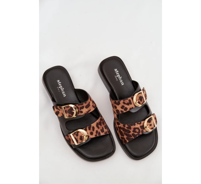 Dámské pantofle se zlatými sponami Leoparda Černo-hnědé Danelle