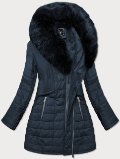 Tmavomodrý dámsky kabát z eko kože s kožušinou (LD5520)