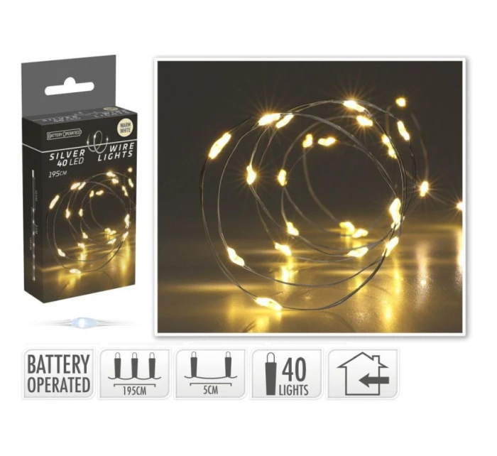 DRÔTENÉ SVIETIDLÁ NA BATÉRIE GIRLANDA 40 VIEDLA TEPLÁ BIELA