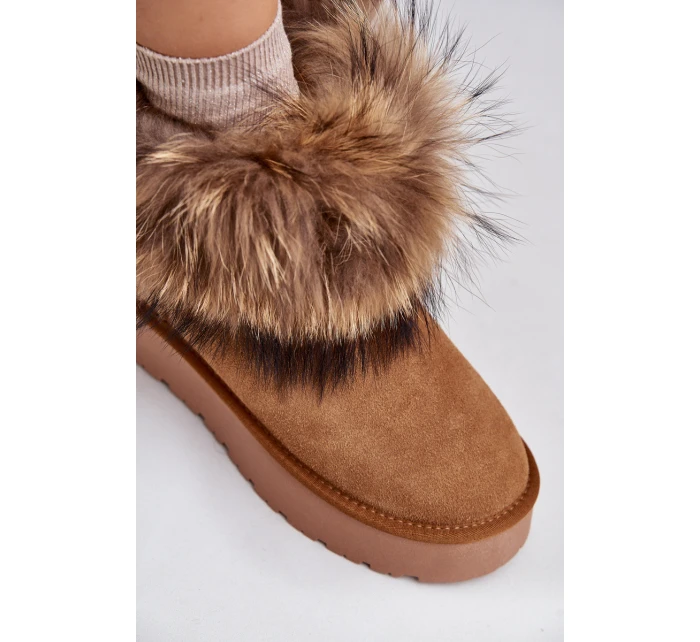 Skórzane Śniegowce Na Platformie Z Futerkiem Camel Avirisa