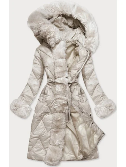 Dámska dlhá prešívaná bunda vo farbe ecru (772) Dámska dlhá prešívaná bunda vo farbe ecru (772)