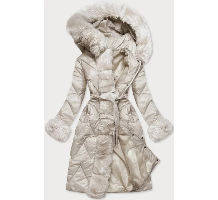 Dámska dlhá prešívaná bunda vo farbe ecru (772) Dámska dlhá prešívaná bunda vo farbe ecru (772)
