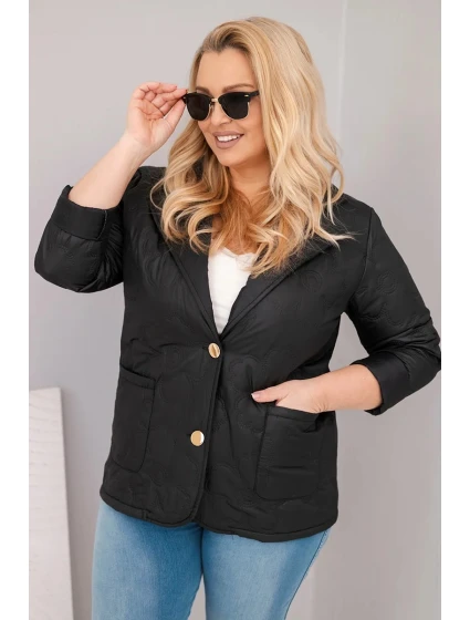 Dámske Plus veľkosť prešívaná bunda s kvetmi s golierom a vreckami čierna