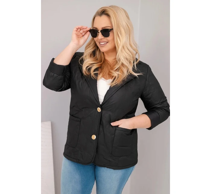 Dámske Plus veľkosť prešívaná bunda s kvetmi s golierom a vreckami čierna