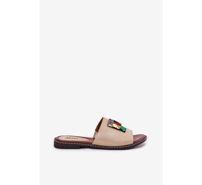 Klapki Damskie Na Płaskim Obcasie Z Ozdobą Złote Clelione Klapki Damskie Na Płaskim Obcasie Z Ozdobą Złote Clelione